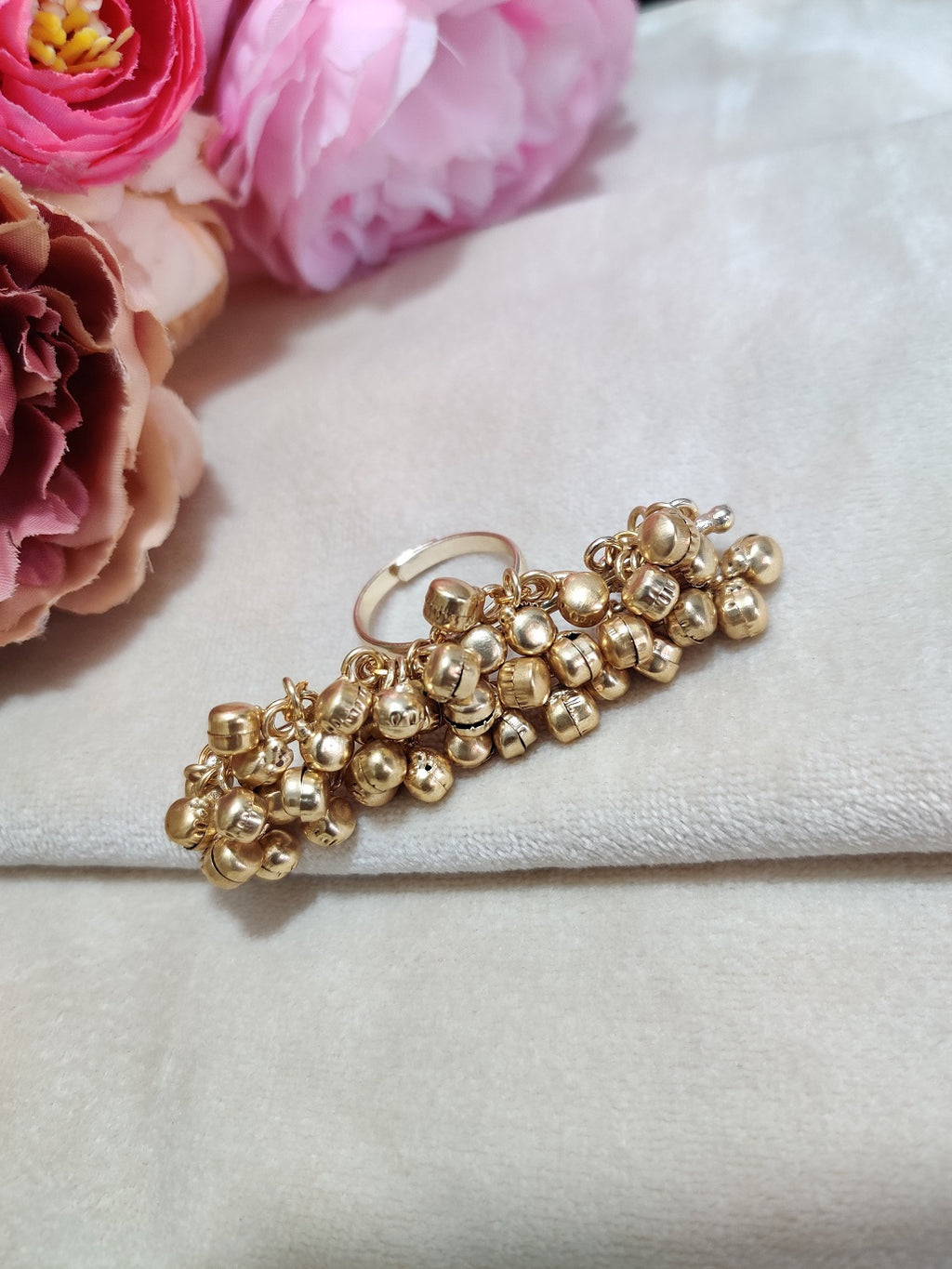Brass -Plated Oxidised Ghungaroo Studded Adjustable Kashmiri Finger Ring