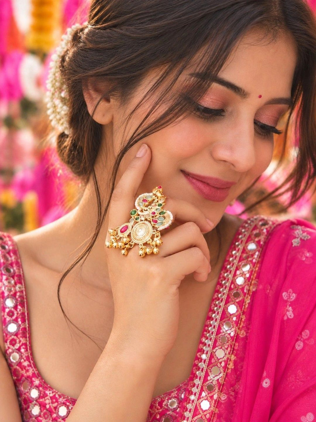 Gold-Plated Temple Stone Studded & Beaded Finger Ring