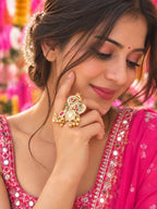 Gold-Plated Temple Stone Studded & Beaded Finger Ring