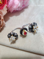 Silver-Plated Oxidised Pearl & Kundan Studded Adjustable Multi Finger Ring