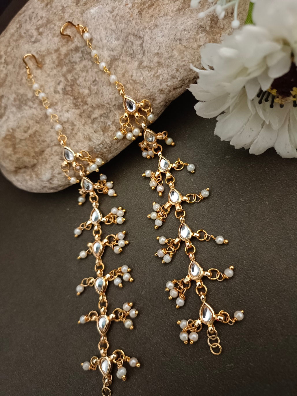 Gold-Plated Kundan Studded And Artificial Beaded Pearl Sahara Ear Chains Earrings