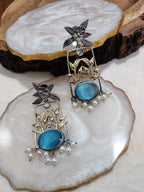 Dual Toned Oxidised Silver Plated Pear Drop Floral Earrings