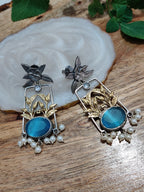 Dual Toned Oxidised Silver Plated Pear Drop Floral Earrings