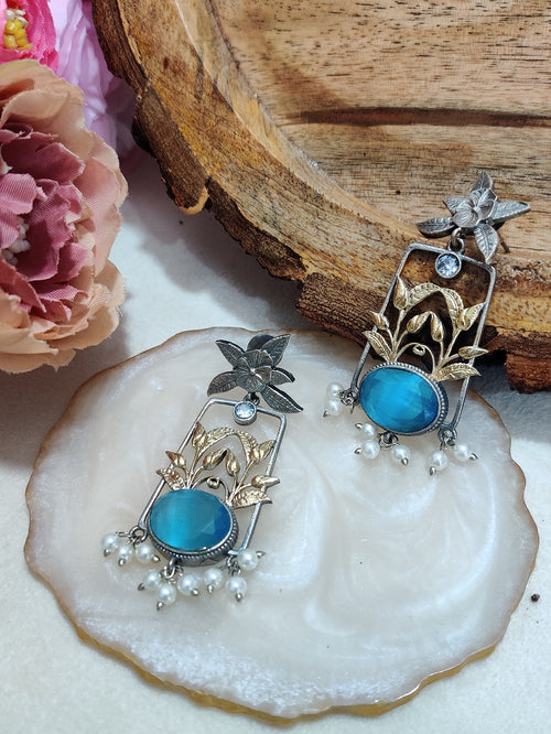 Dual Toned Oxidised Silver Plated Pear Drop Floral Earrings