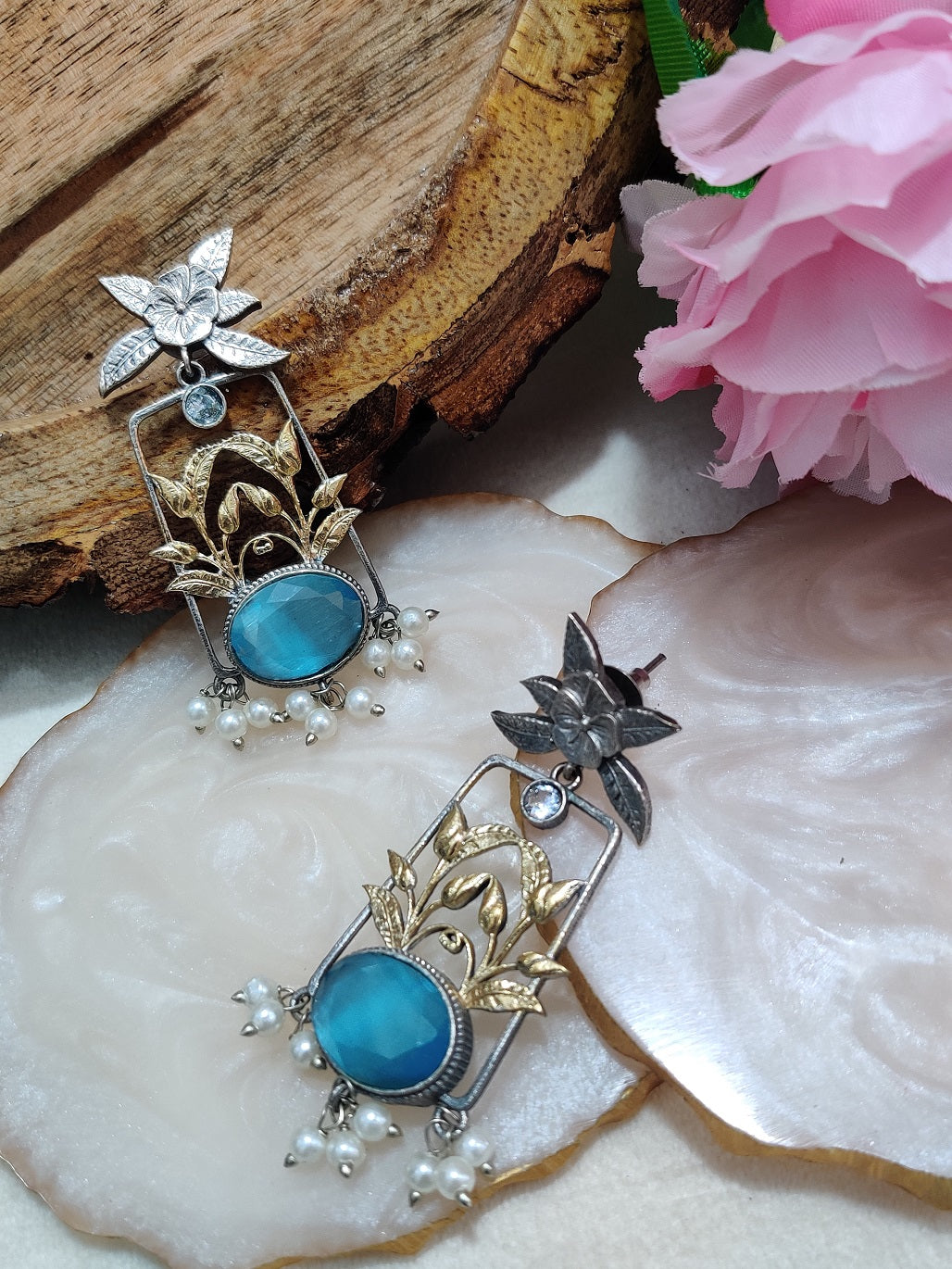Dual Toned Oxidised Silver Plated Pear Drop Floral Earrings