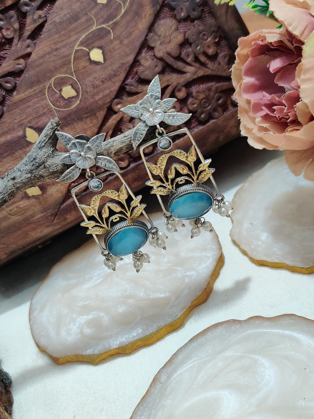 Dual Toned Oxidised Silver Plated Pear Drop Floral Earrings