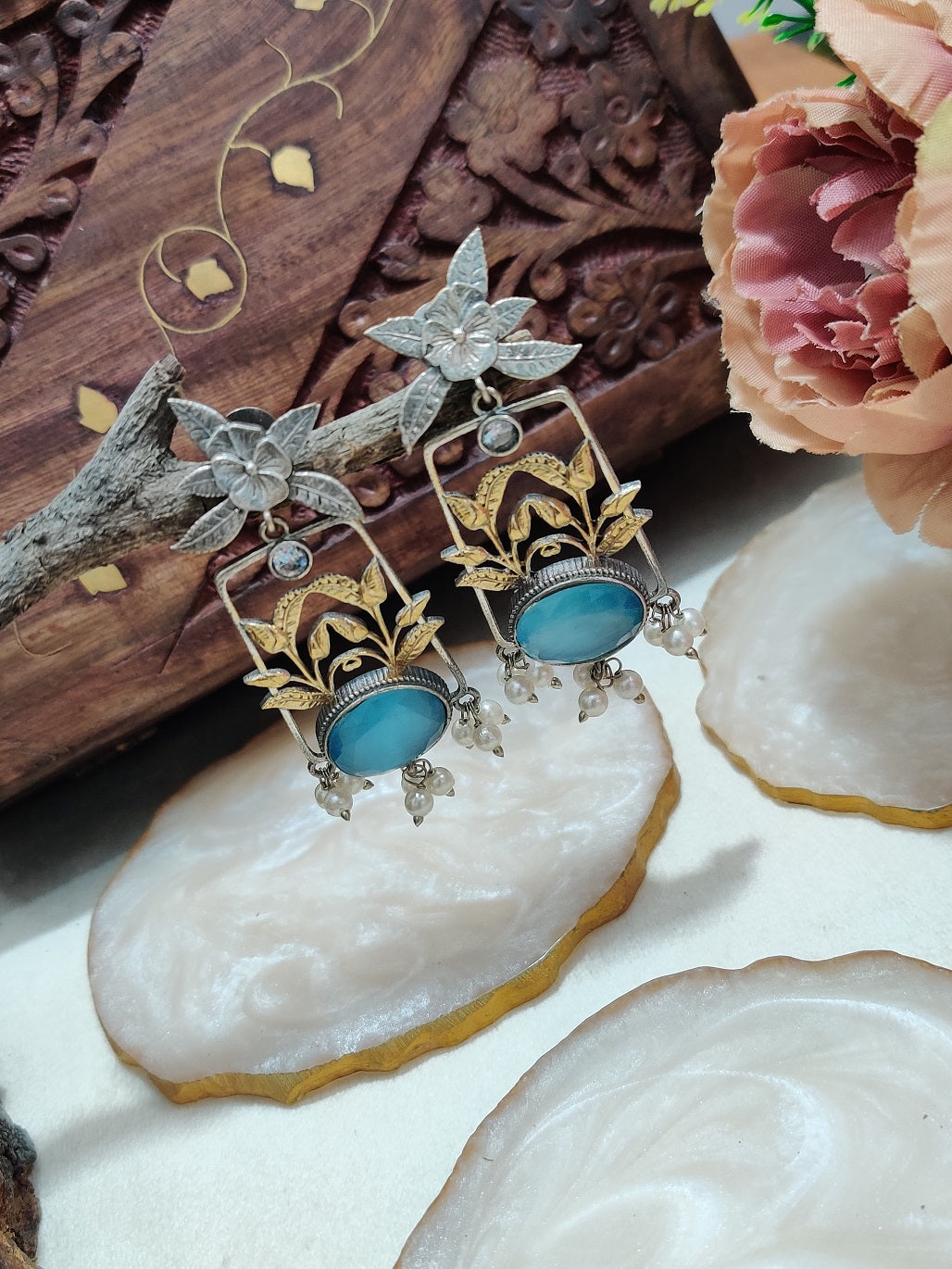 Dual Toned Oxidised Silver Plated Pear Drop Floral Earrings