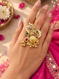 Gold-Plated Temple Stone Studded & Beaded Finger Ring