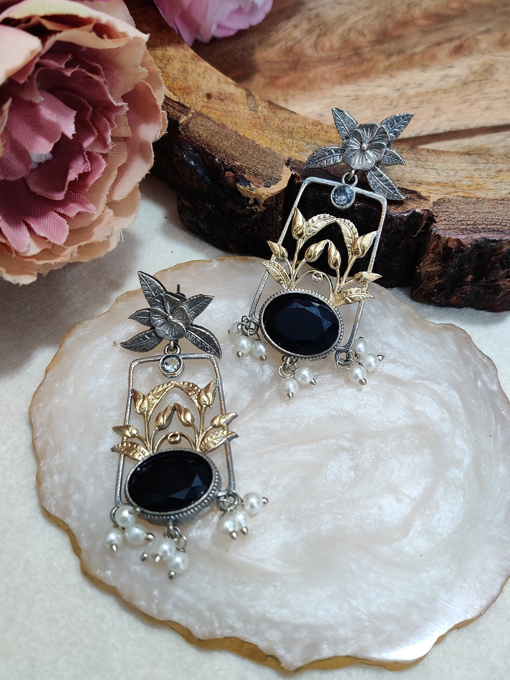 Dual Toned Oxidised Silver Plated Pear Drop Floral Earrings
