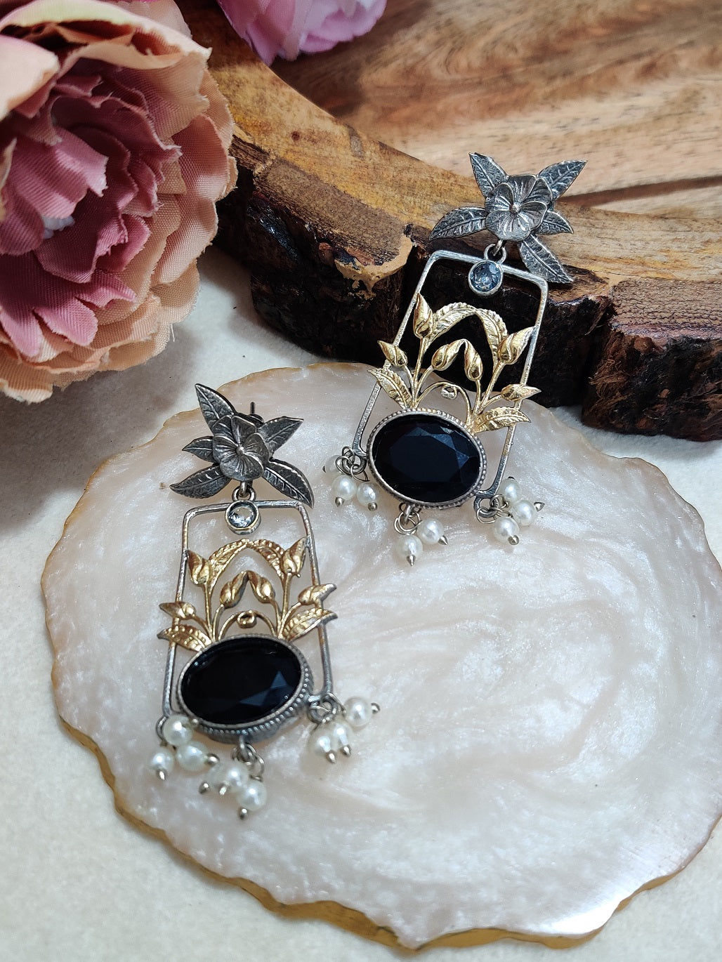 Dual Toned Oxidised Silver Plated Pear Drop Floral Earrings
