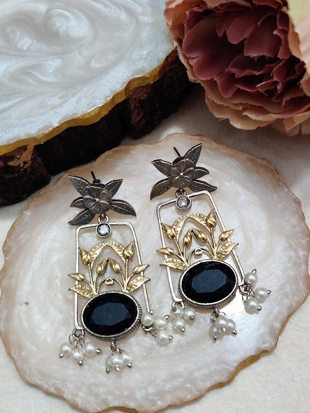 Dual Toned Oxidised Silver Plated Pear Drop Floral Earrings