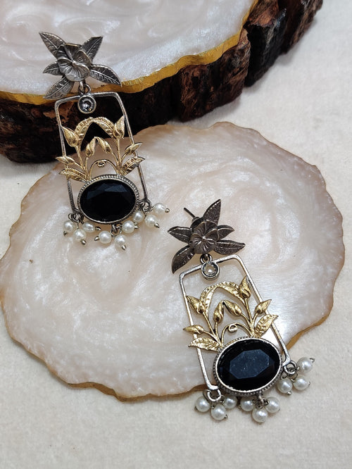 Dual Toned Oxidised Silver Plated Pear Drop Floral Earrings