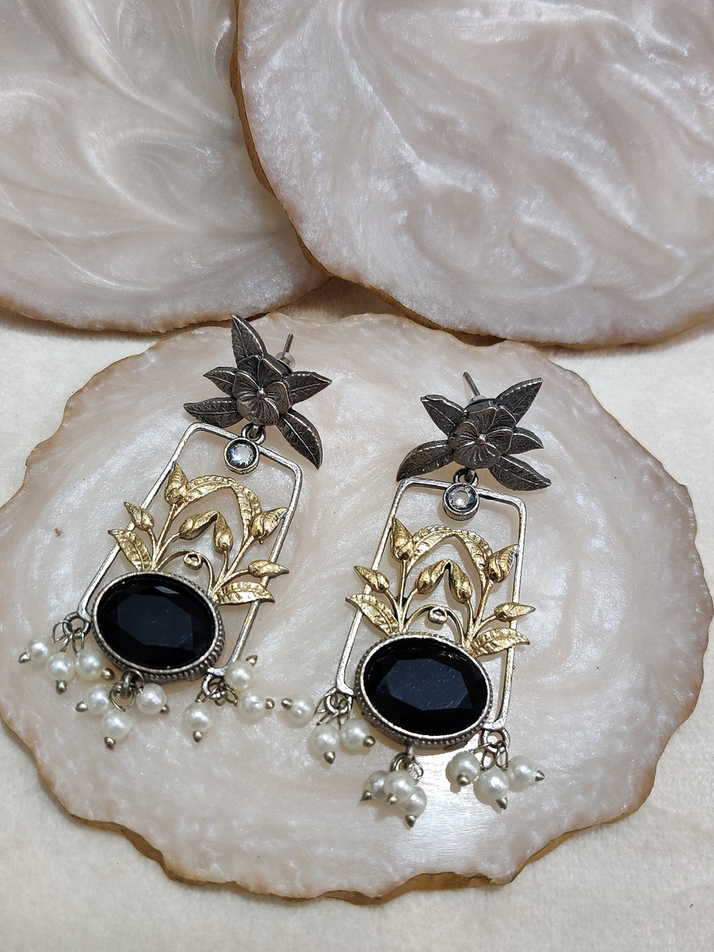 Dual Toned Oxidised Silver Plated Pear Drop Floral Earrings