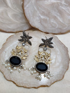 Dual Toned Oxidised Silver Plated Pear Drop Floral Earrings