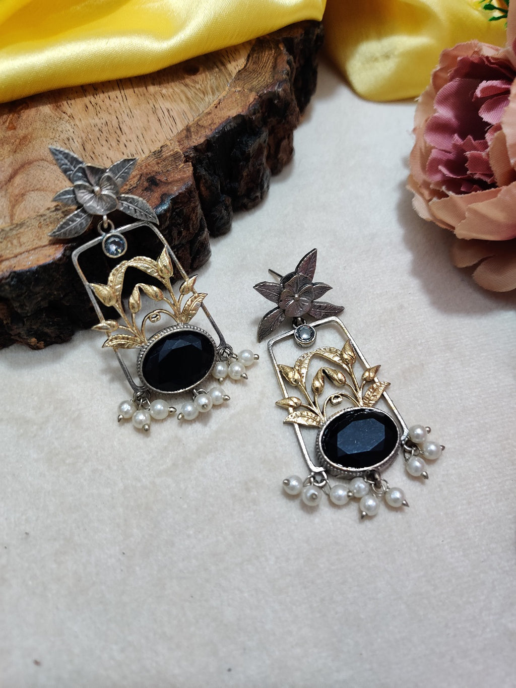 Dual Toned Oxidised Silver Plated Pear Drop Floral Earrings