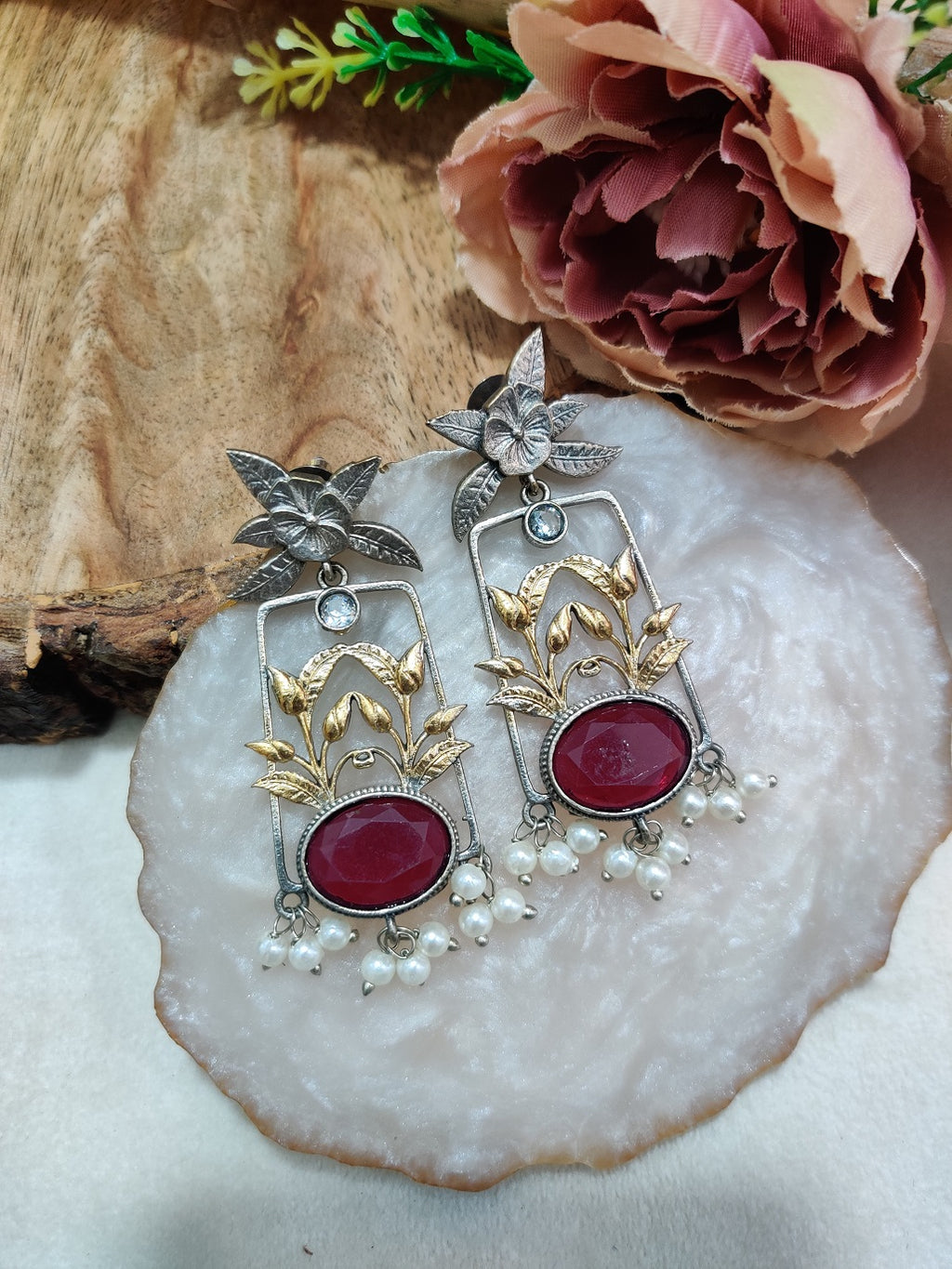 Dual Toned Oxidised Silver Plated Pear Drop Floral Earrings