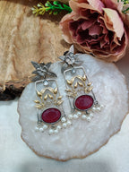 Dual Toned Oxidised Silver Plated Pear Drop Floral Earrings