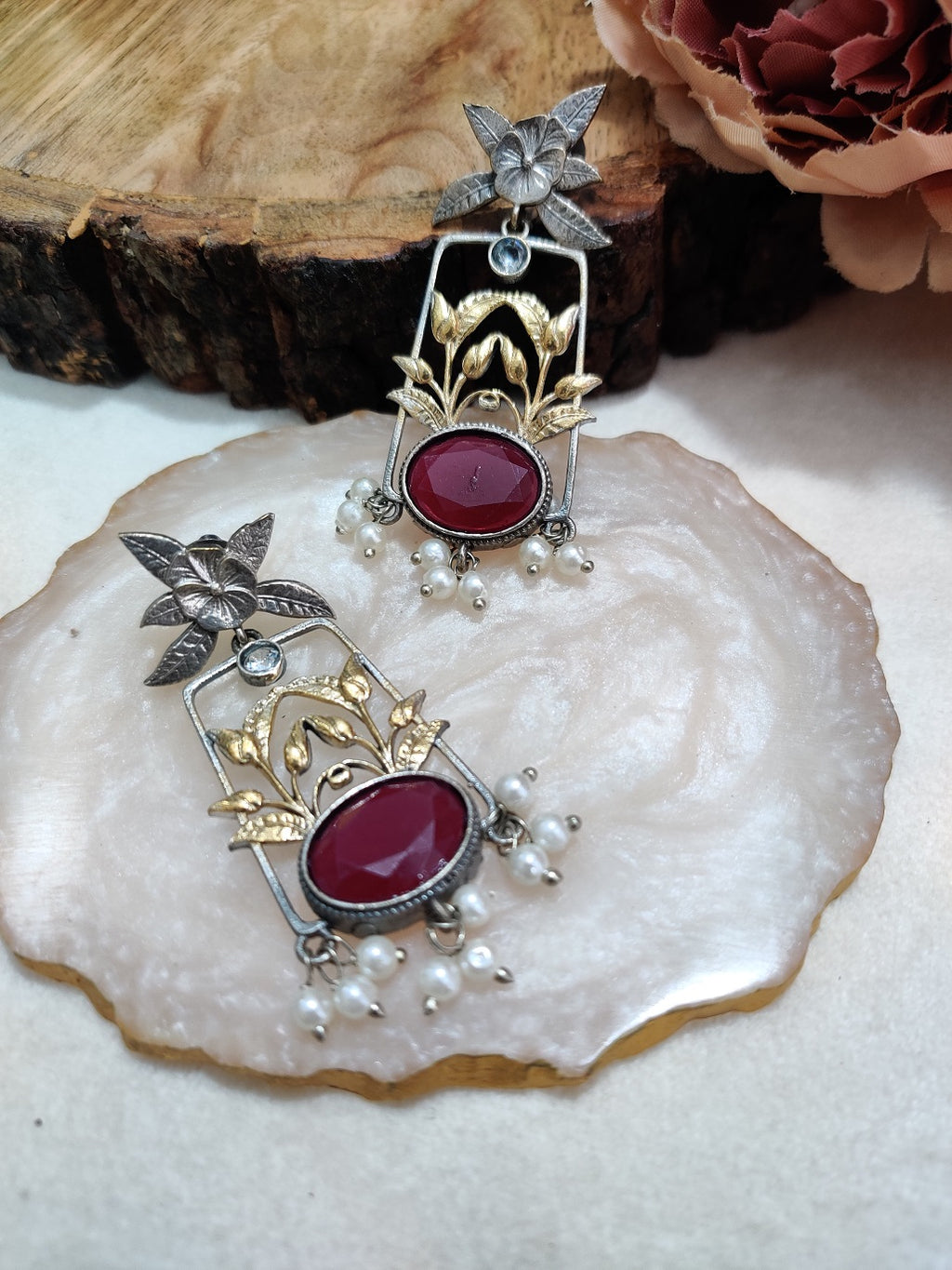 Dual Toned Oxidised Silver Plated Pear Drop Floral Earrings