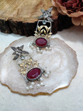 Dual Toned Oxidised Silver Plated Pear Drop Floral Earrings
