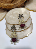 Dual Toned Oxidised Silver Plated Pear Drop Floral Earrings