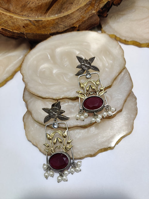 Dual Toned Oxidised Silver Plated Pear Drop Floral Earrings