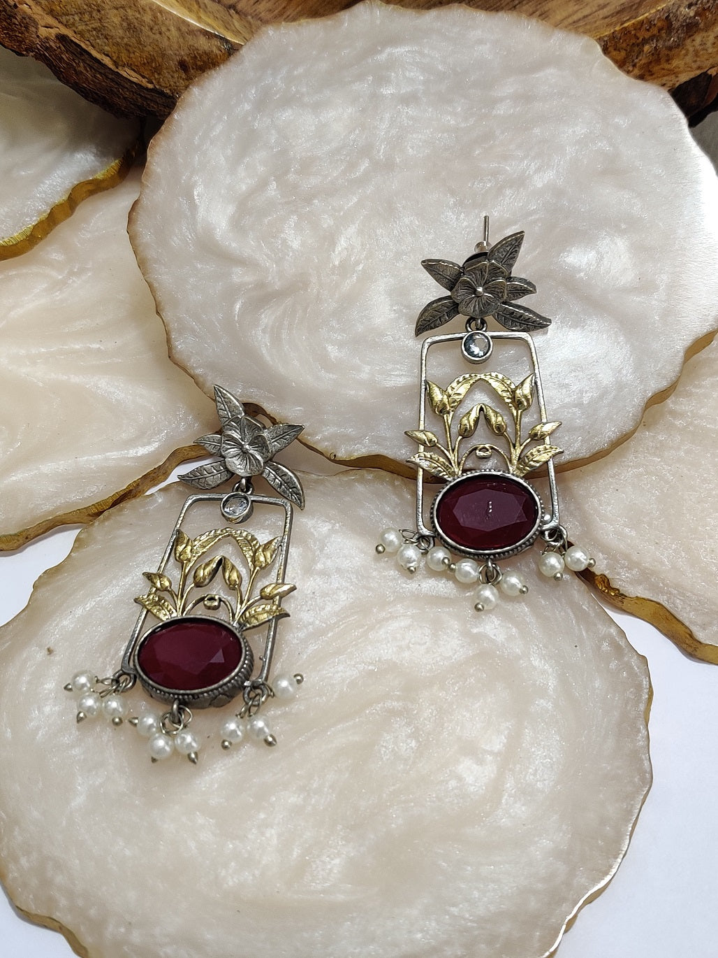 Dual Toned Oxidised Silver Plated Pear Drop Floral Earrings