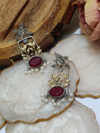 Dual Toned Oxidised Silver Plated Pear Drop Floral Earrings