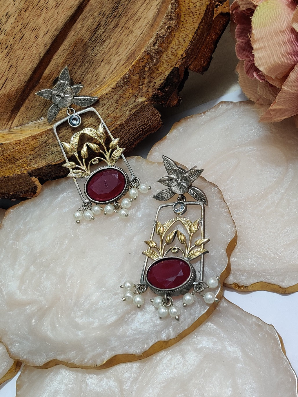 Dual Toned Oxidised Silver Plated Pear Drop Floral Earrings