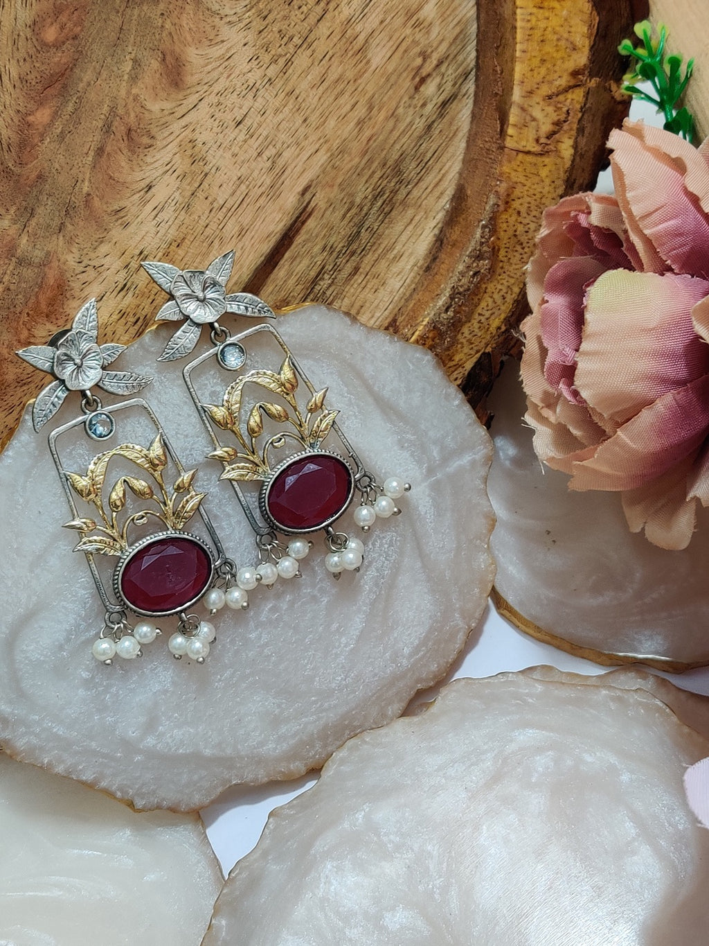 Dual Toned Oxidised Silver Plated Pear Drop Floral Earrings