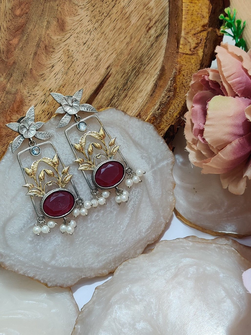 Dual Toned Oxidised Silver Plated Pear Drop Floral Earrings