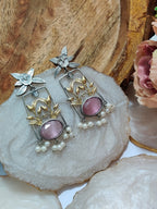 Dual Toned Oxidised Silver Plated Pear Drop Floral Earrings