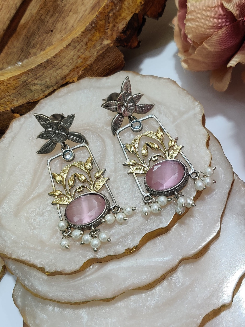 Dual Toned Oxidised Silver Plated Pear Drop Floral Earrings