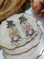 Dual Toned Oxidised Silver Plated Pear Drop Floral Earrings