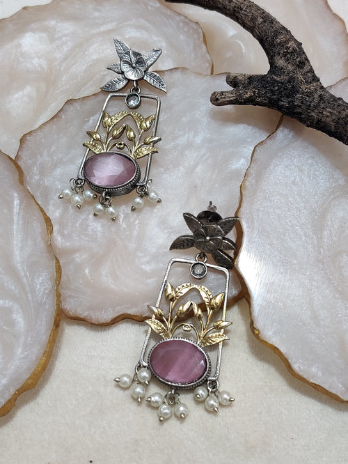 Dual Toned Oxidised Silver Plated Pear Drop Floral Earrings