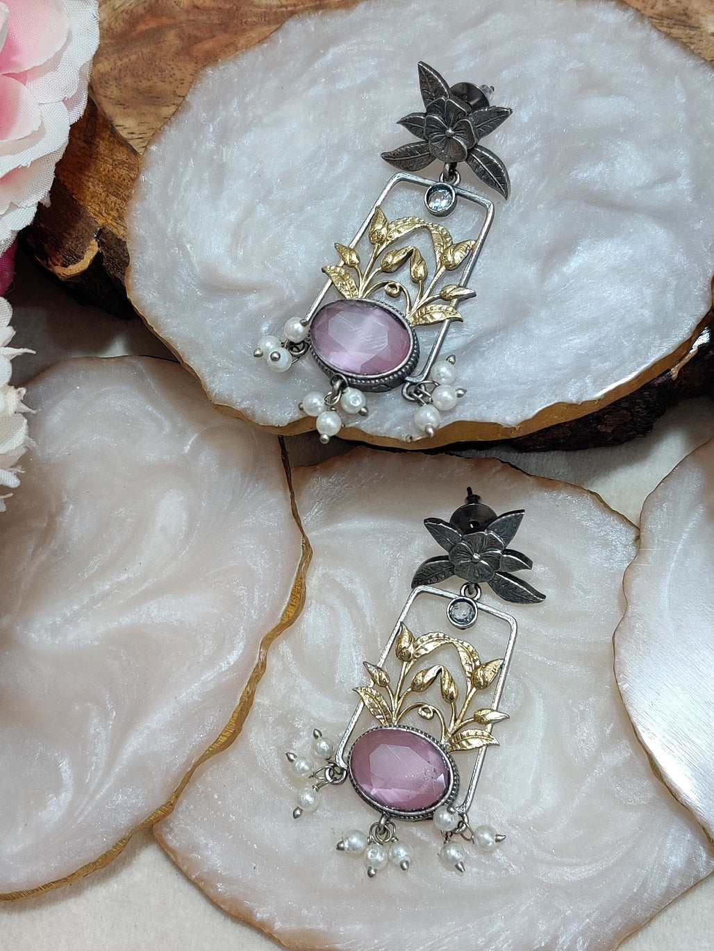 Dual Toned Oxidised Silver Plated Pear Drop Floral Earrings