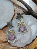 Dual Toned Oxidised Silver Plated Pear Drop Floral Earrings