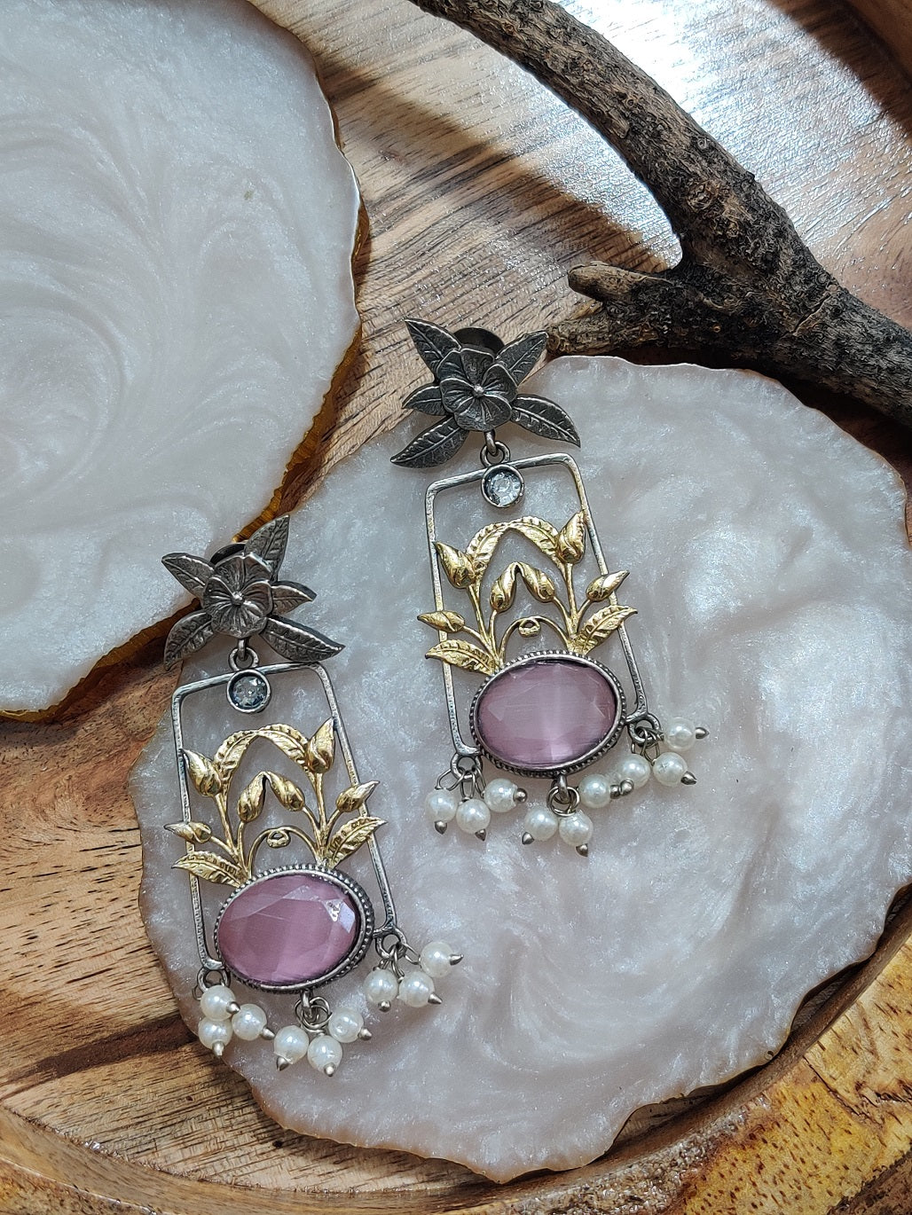 Dual Toned Oxidised Silver Plated Pear Drop Floral Earrings