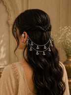 Silver-Plated Multicolour Floral Ear Cuff Earrings with Hair Chain