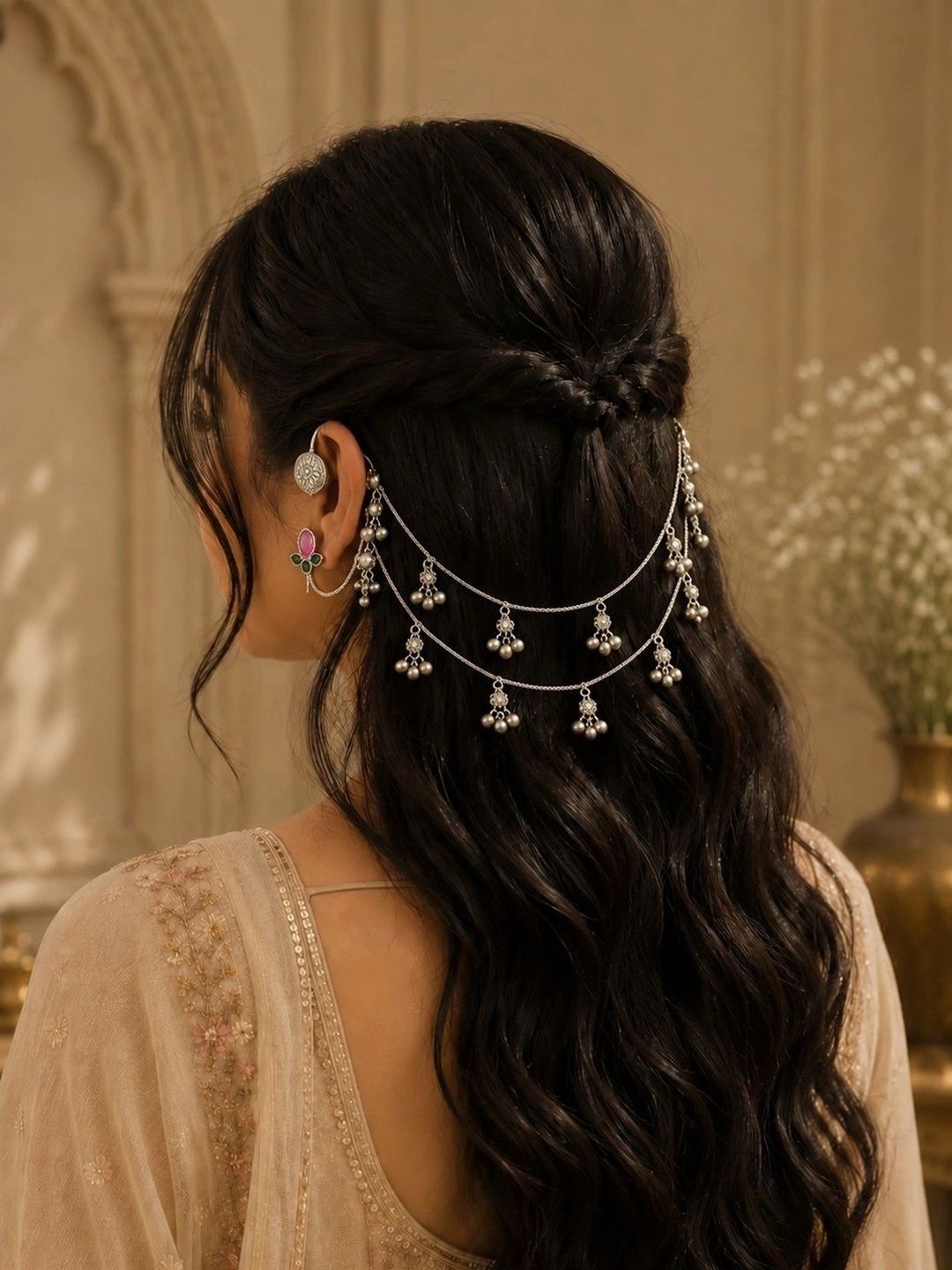 Silver-Plated Multicolour Floral Ear Cuff Earrings with Hair Chain