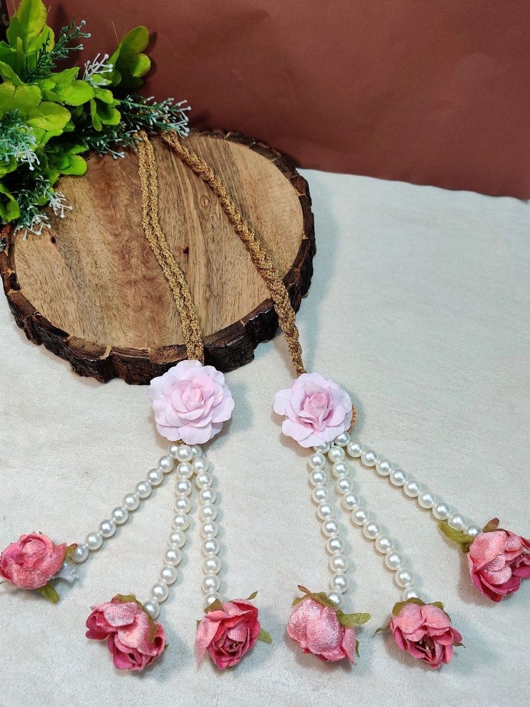 Pearl & Flower Punjabi Choti Paranda Ponytail Braid Holder – Pink