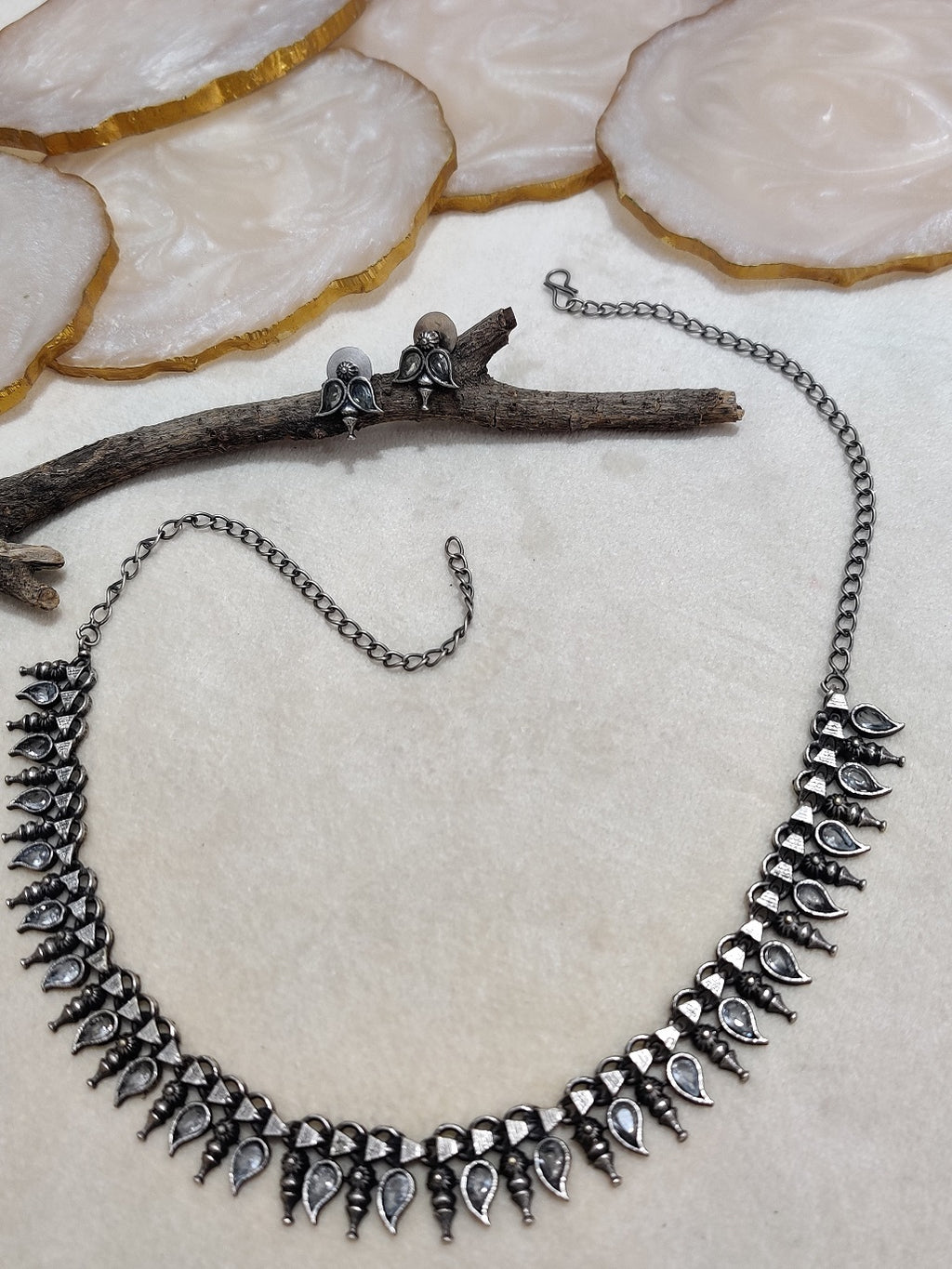 Oxidised Silver Plated Stone Studded Choker Jewellery Set For Women