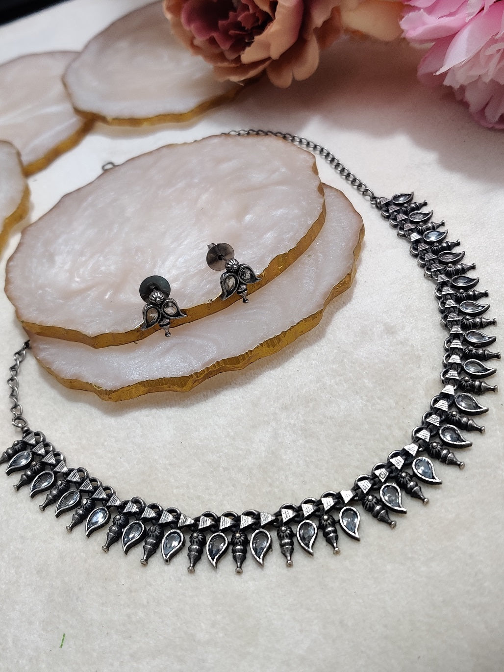 Oxidised Silver Plated Stone Studded Choker Jewellery Set For Women