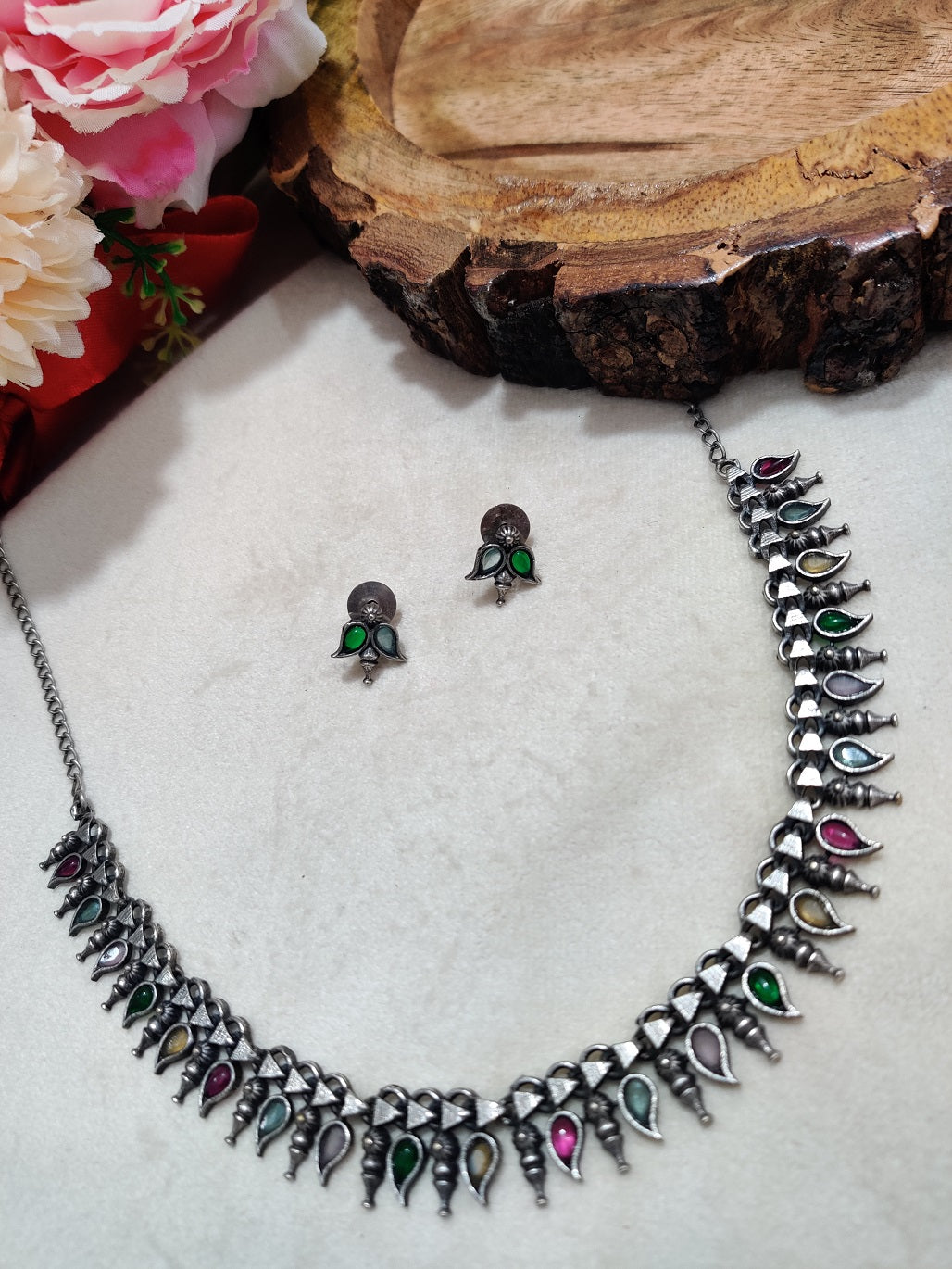Oxidised Silver Plated Stone Studded Choker Jewellery Set For Women