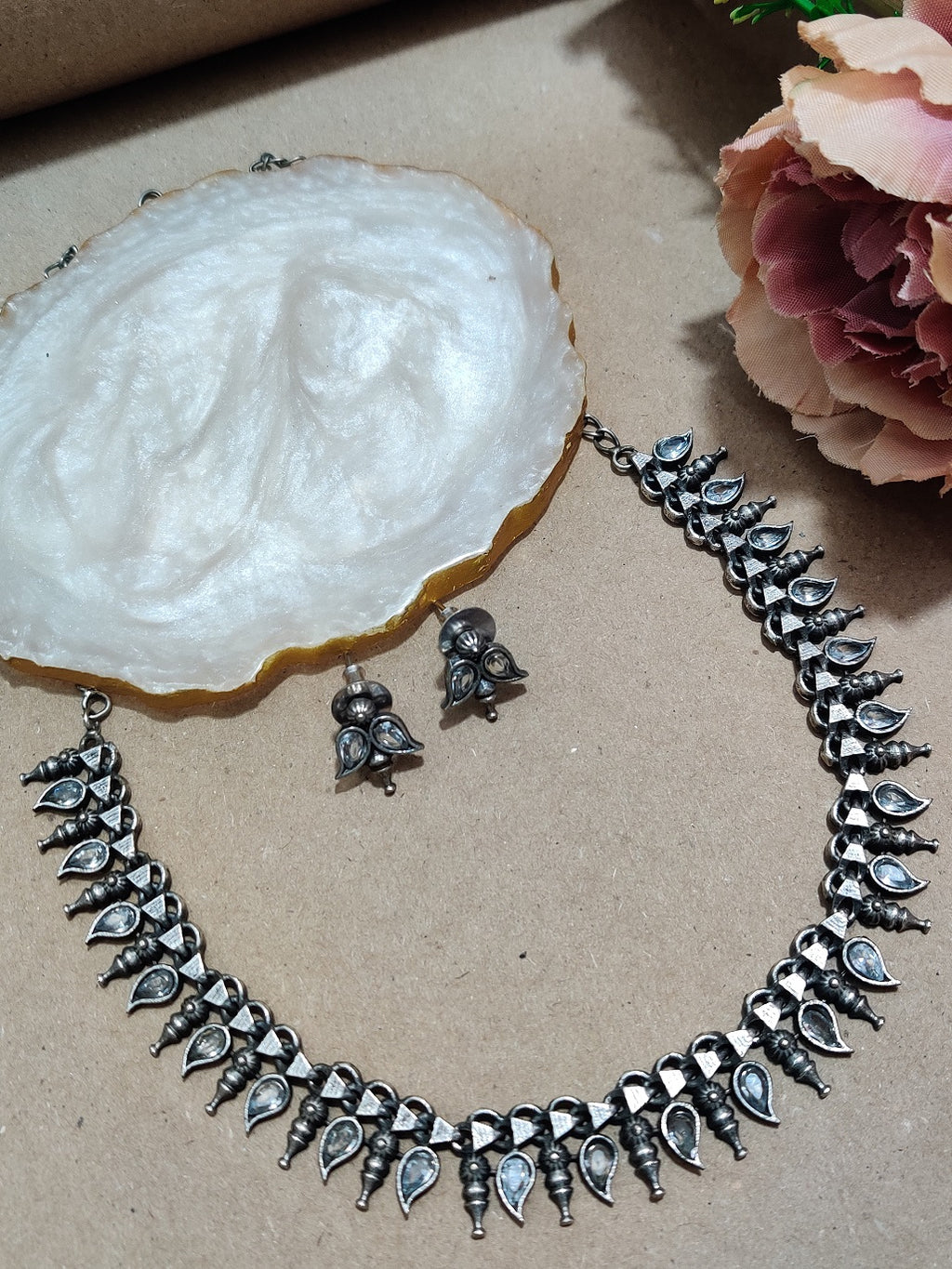 Oxidised Silver Plated Stone Studded Choker Jewellery Set For Women