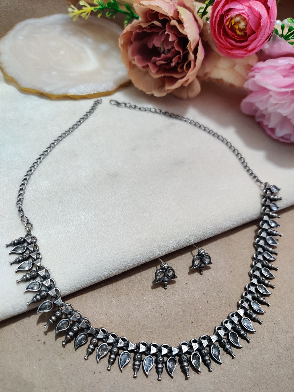 Oxidised Silver Plated Stone Studded Choker Jewellery Set For Women