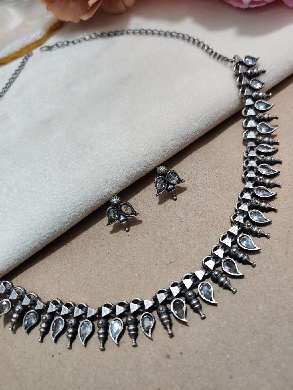 Oxidised Silver Plated Stone Studded Choker Jewellery Set For Women