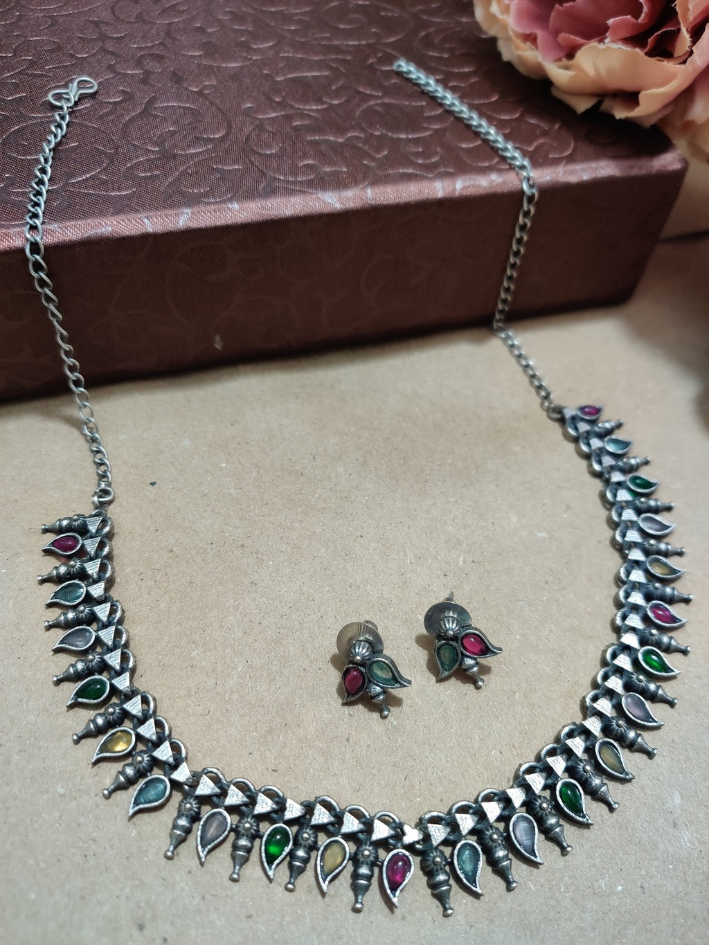 Oxidised Silver Plated Stone Studded Choker Jewellery Set For Women