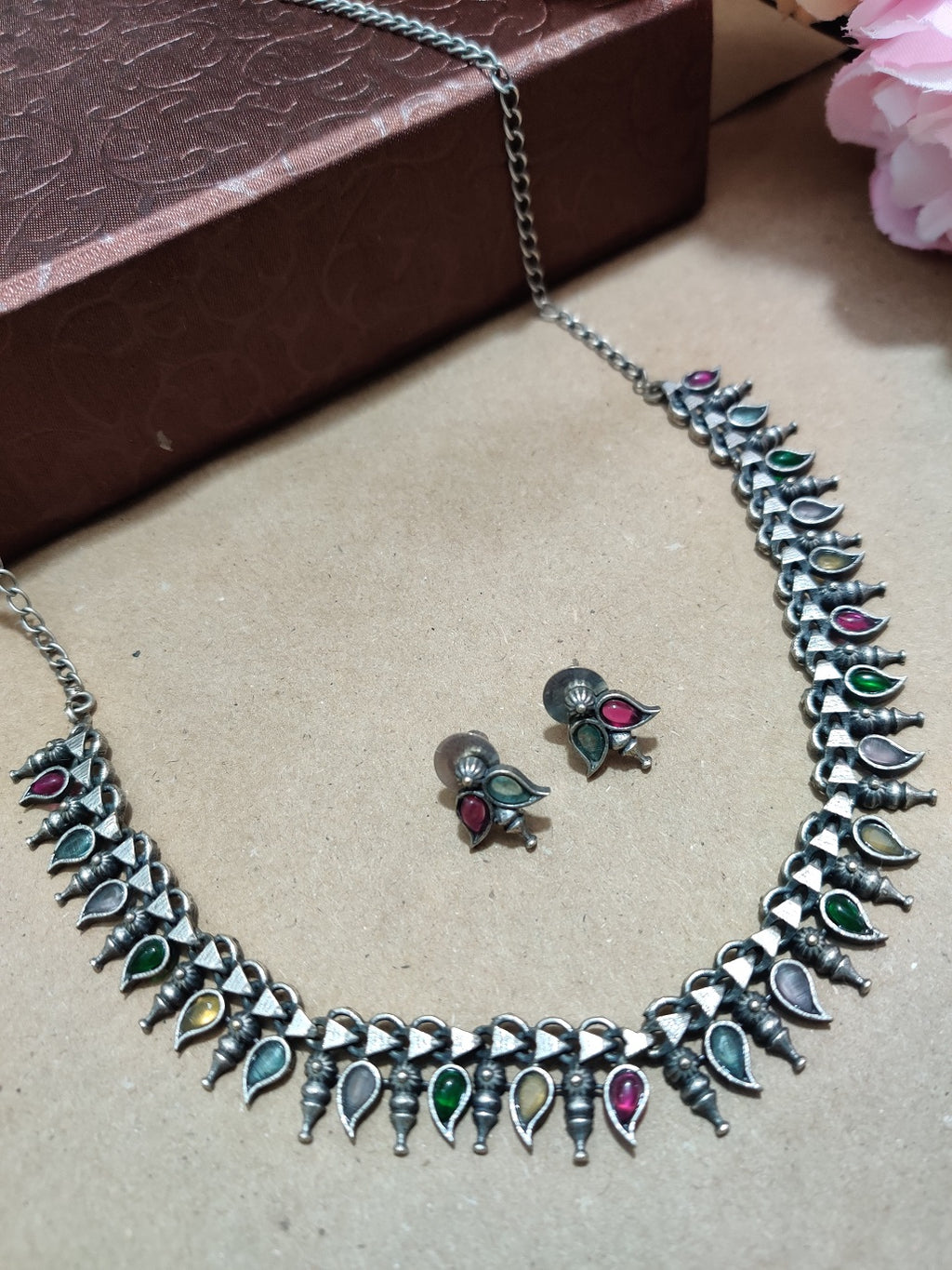 Oxidised Silver Plated Stone Studded Choker Jewellery Set For Women