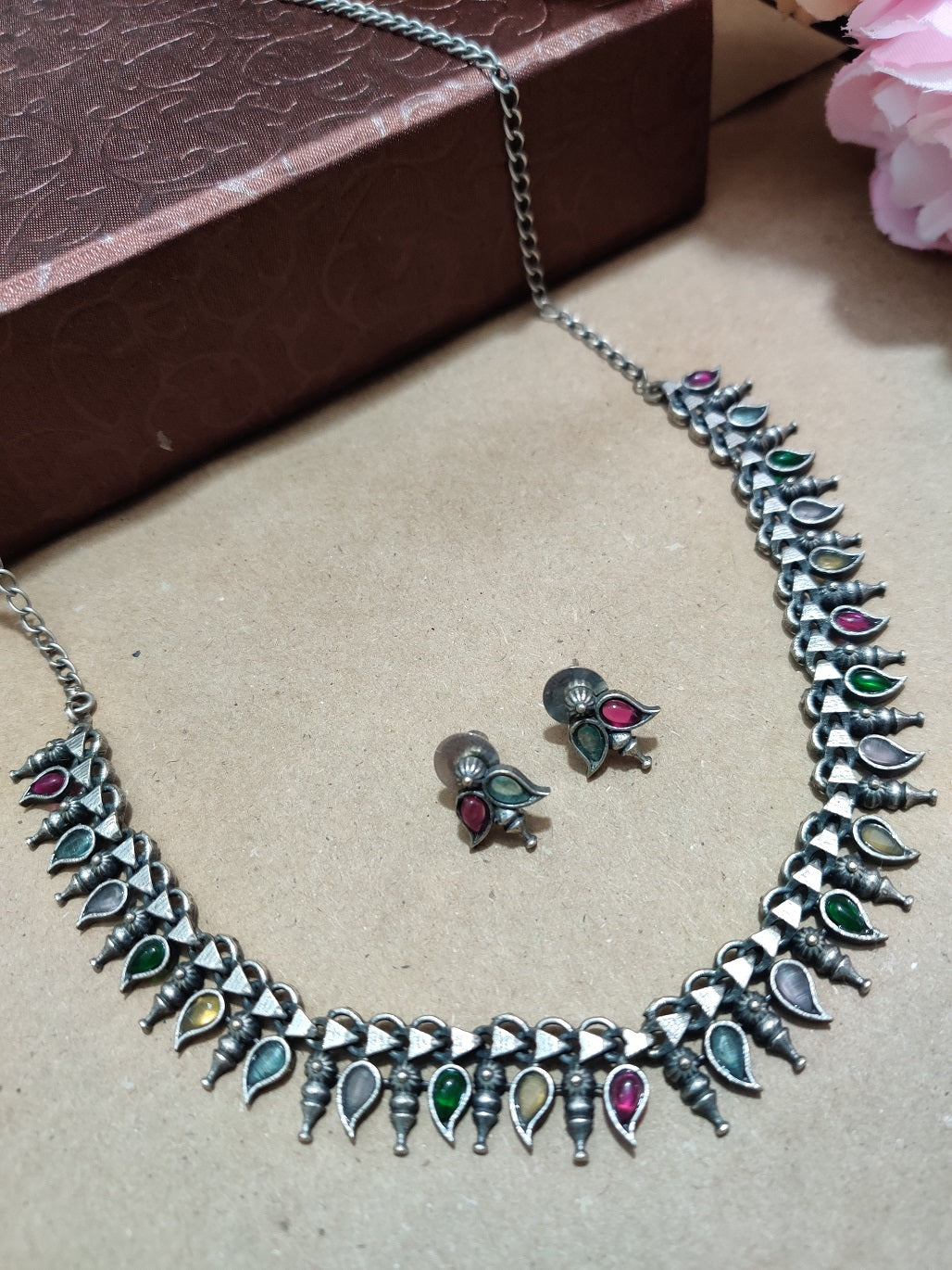 Oxidised Silver Plated Stone Studded Choker Jewellery Set For Women