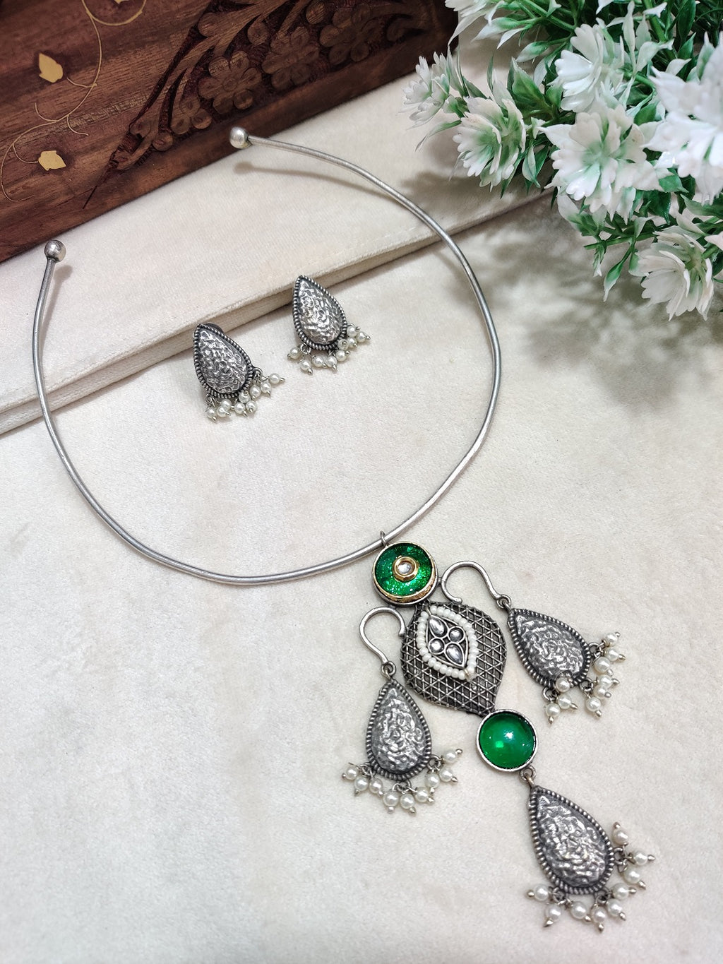 Oxidised Silver Plated Stone Studded Hasli Choker Jewellery Set For Women